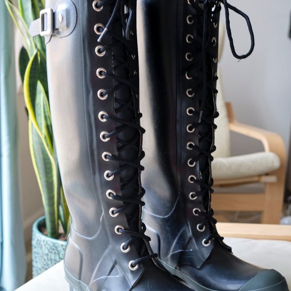 Hunter Shoes - HUNTER Watling Black Lace-Up Rain Boots 6